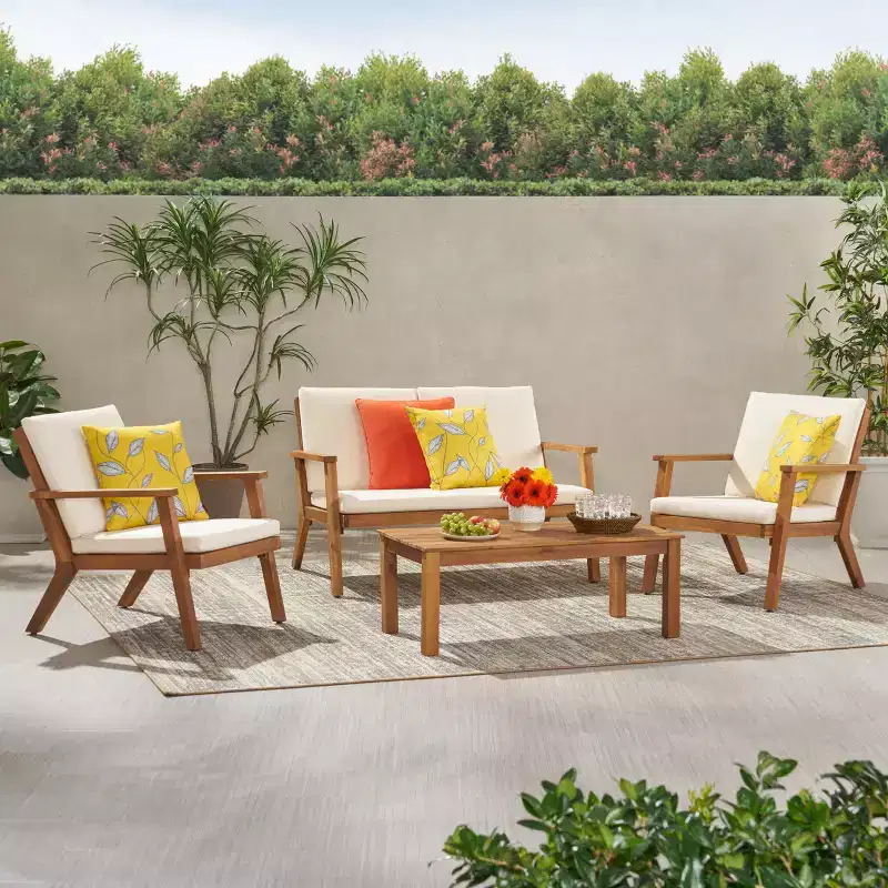 GDFStudio Avacyn Outdoor Acacia Wood 4 Seater Chat Set with Water Resistant Cushions