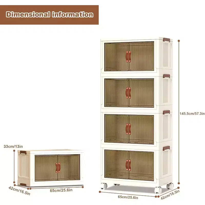 Stackable 4-Layer Storage Boxes, Plastic Storage Cabinet Capacity, with Door and Wheels for Storing Food