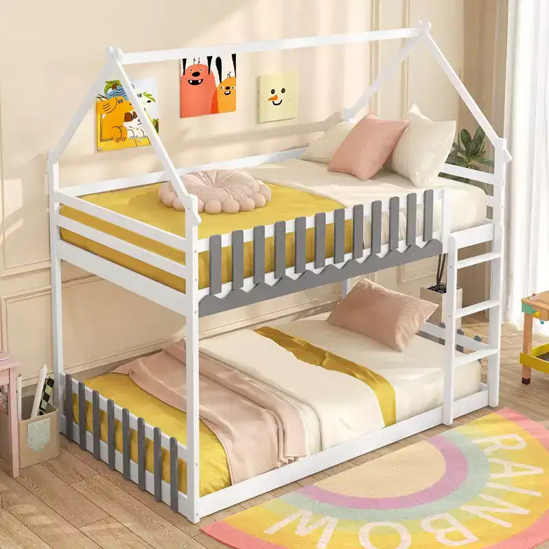Twin Over Twin House Bunk Bed with Fence Guardrails and Ladder, Solid Wood, White