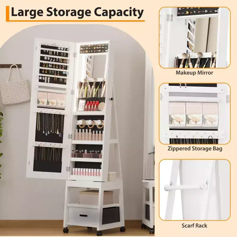 Full Length Mirror Jewelry Organizer,66.1 Tall LED Mirror Jewelry Storage Cabinet with Back Sheleves,360Swivel Freestanding Makeup Cabinet, White