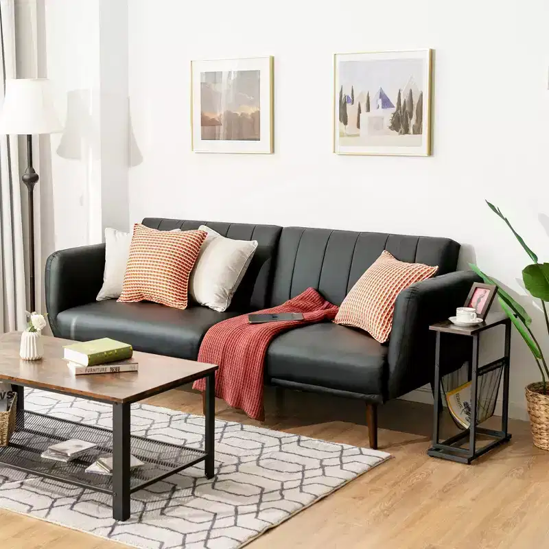 Convertible Futon Sofa Bed with Adjustable Backrest and Wood Legs