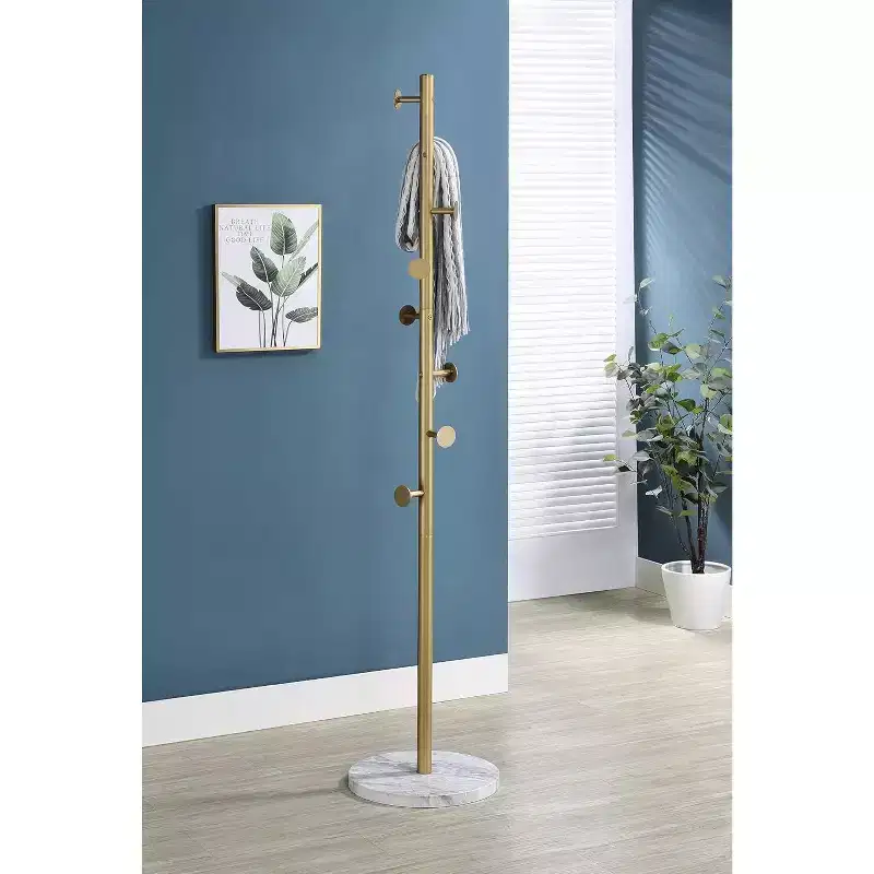 Freestanding Metal Hall Tree Coat Rack Stand with 8 Hooks for Entryway Hanging Clothes, Hats, Bags (Gold)