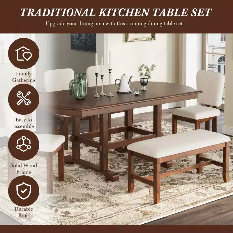 Extendable Wood Dining Table Set with Bench, 6 Pieces Kitchen Table Set with Removable Leaf and 4 Upholstered Dining Chairs, Beige,Espresso
