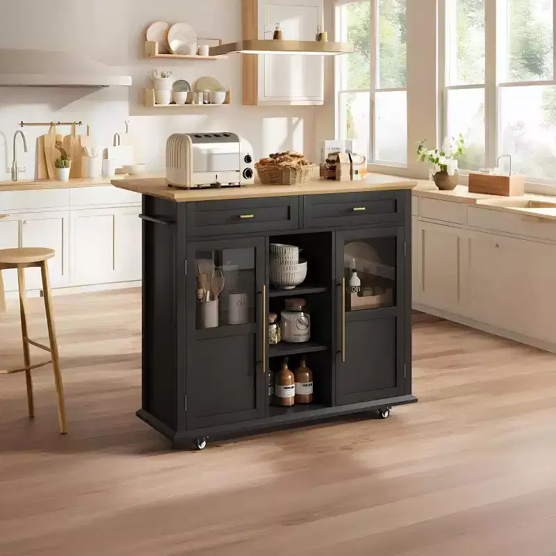 Kitchen Island, Mobile Modern Rolling Kitchen Island with Drop Leaf, Black Storage Cart with Cabinet & Drawer