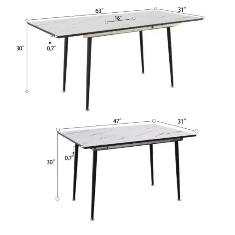Extendable MDF Marble-Print Square Dining Table, Industrial Kitchen & Dining, Tapered Metal Legs
