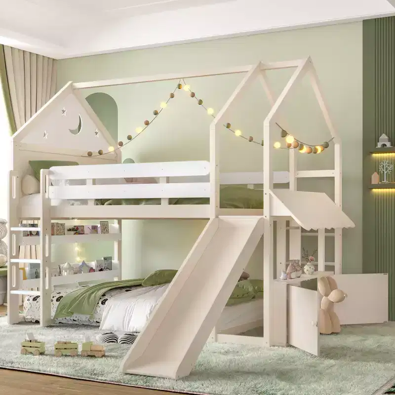 Full Size Kids Loft Bed with Slide and Bookshelf, Solid Wood House Loft Bed Frame with Convertible Ladder for Kids Playhouse