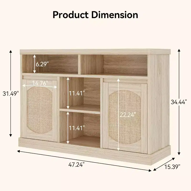 Wood & Rattan Sideboard Buffet Cabinet with 2 Doors and 3 Drawers, 51.18