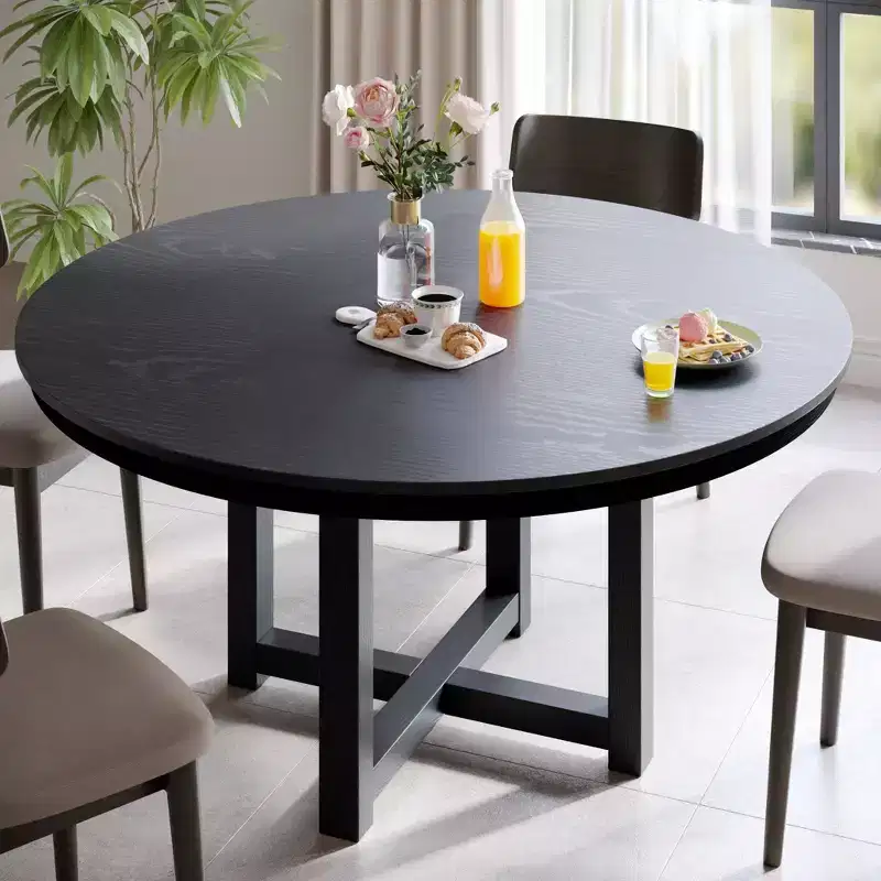 52 x 52 Solid Wood Farmhouse Dining Table Round Wood Texture Top with Cross X Base for Modern Dining Rooms & Family Gatherings Black