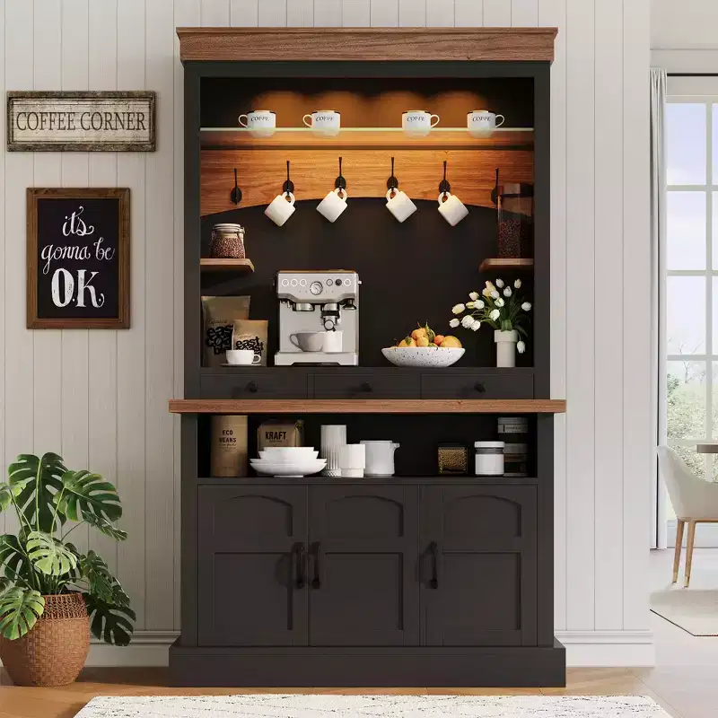 Coffee Bar Cabinet with LED Light, Tall Farmhouse Coffee Bar Hutch with Storage, Sideboard Buffet Cabinet with Microwave Stand