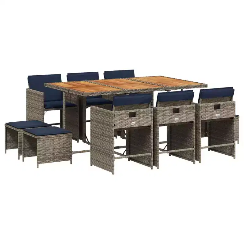 vidaXL Patio Dining Set of 10 Grey PE Rattan 11 Pieces Foldable