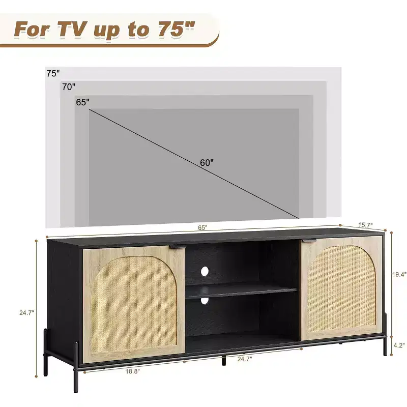 Arched Rattan TV Stand with Metal Frame - PB/MDF Board Storage Cabinet, Black/Oak for 75 TVs