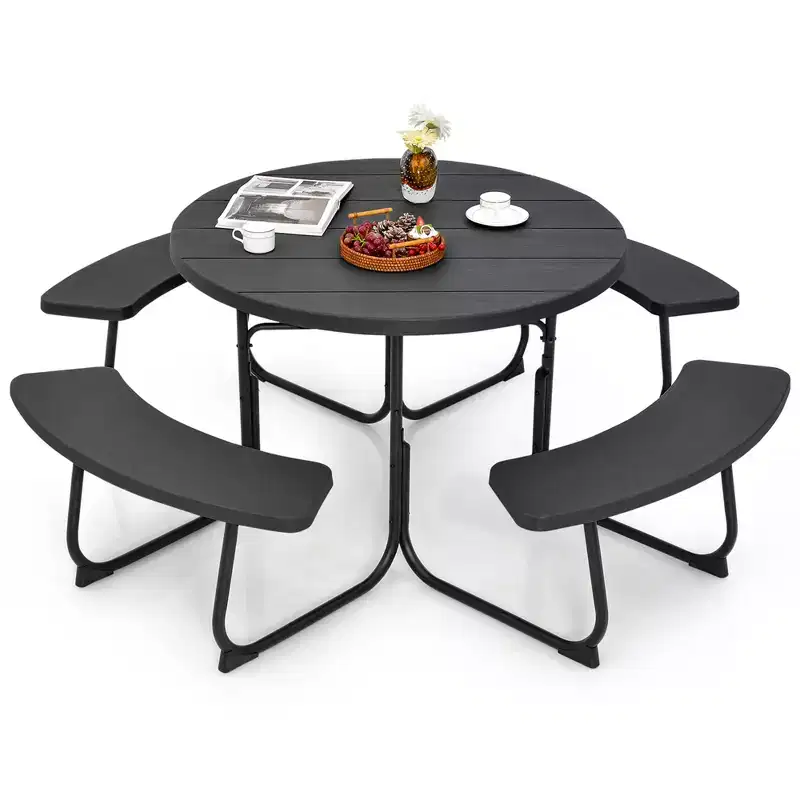 Costway Outdoor 8-person Round Picnic Table Bench Set with 4 Benches & Umbrella Hole Black/Grey/Green/White