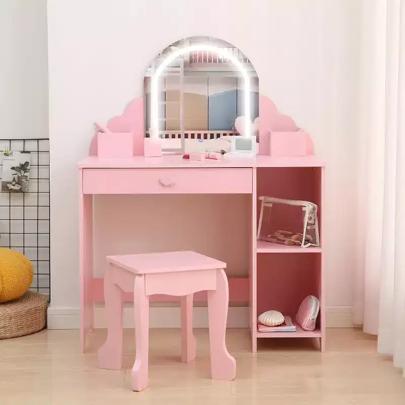 Acekool Kids Vanity with Lighted Mirror & Stool, Adjustable LED, Drawer, Storage Shelves, Makeup Desk for Girls Ages 3-9, White