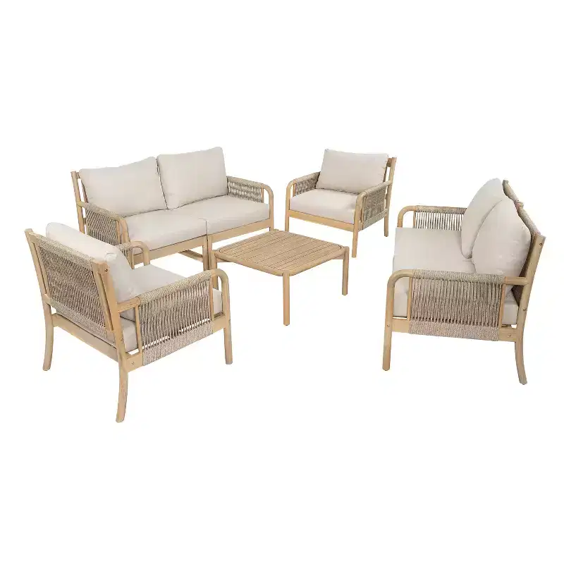 Christopher Knight Home Kazuya Farmhouse 7 Piece Acacia Wood Patio Seating Set with Woven Rope