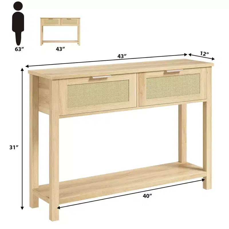 Rattan Console Table with 2 Drawers & 2 Tiers - Reclaimed Caramel Oak Entryway Sofa Table, Storage Hallway Foyer Table