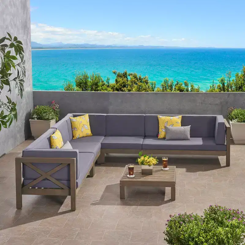 Christopher Knight Home Julie 6 Piece V-Shape Outdoor Acacia Wood Sectional Set with Coffee Table and Cushions