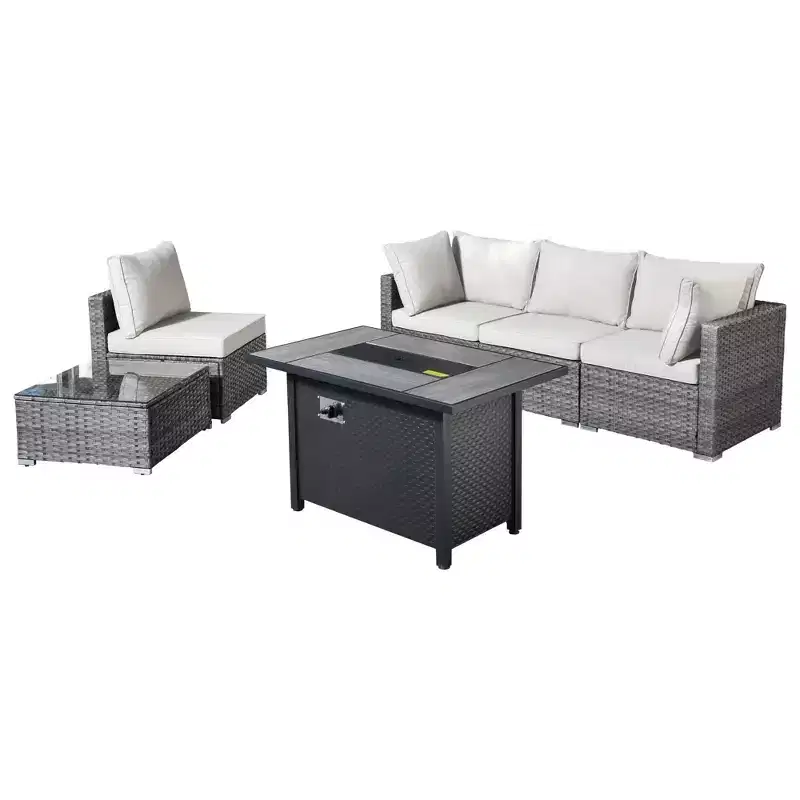 Venice 6pc Wicker Outdoor Patio Furniture Set Conversation Sofa with a Metal Fire Pit and Cushions
