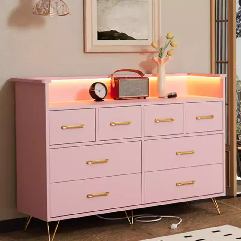 8-Drawer Dresser with Power Outlet, LED Lights & Gold Handles, Modern Wood Chest, White