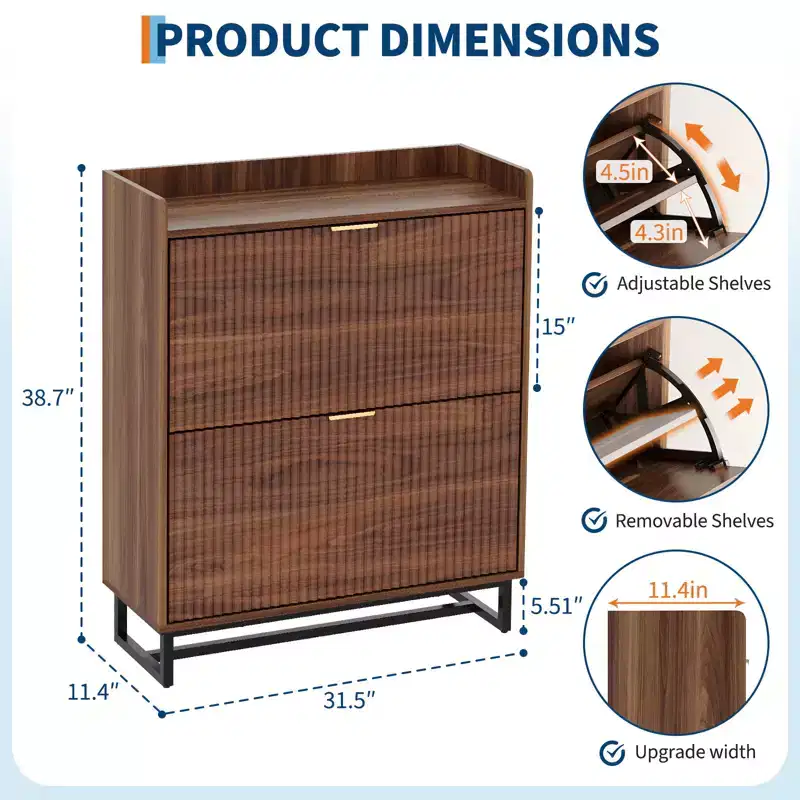 Garvee Shoe Storage Cabinet with 2 Flip Drawers, Narrow Wood Hidden Fluted Shoe Rack Organizer Cabinet for Entryway, Walnut