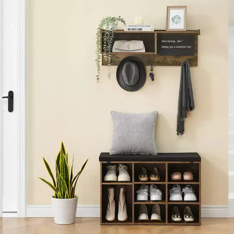Hall Tree Shoe Bench Industrial 6 in 1 Coat/Shoe Rack with 5 Hooks, 9 Storage Cubbies with Bookshelf and Small Blackboard