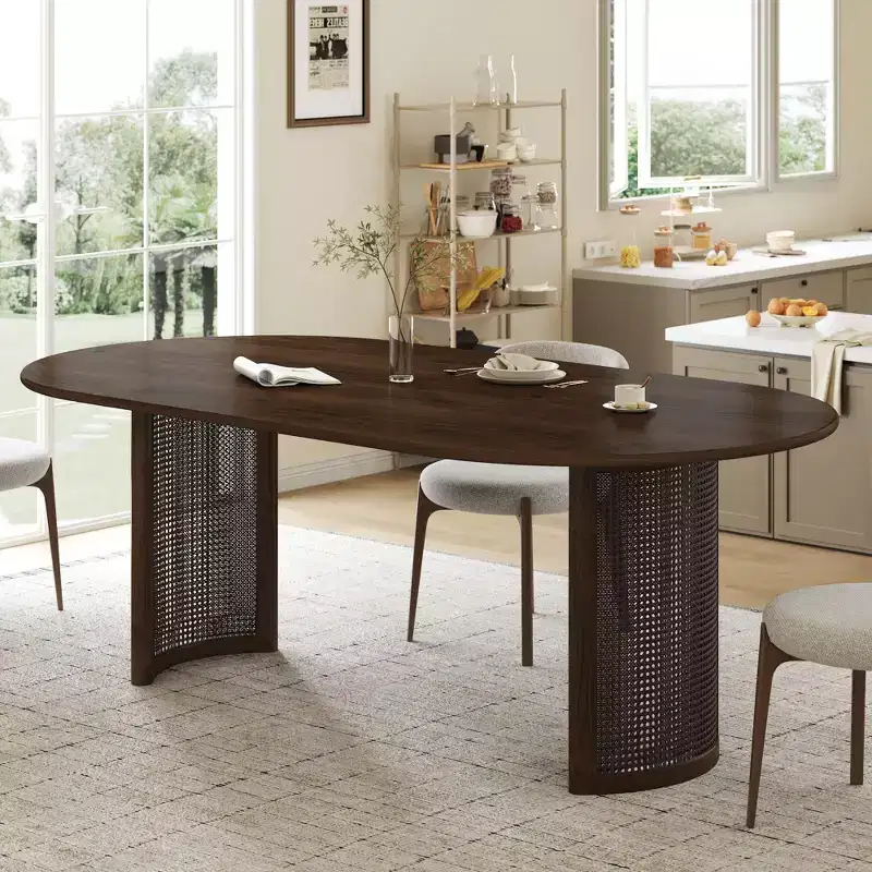 79 Oval Dining Table for 6-8 with Arc-Shaped Edge Top and Rattan Woven Base, Modern Farmhouse Kitchen Table for Living Room Dining Room, Black