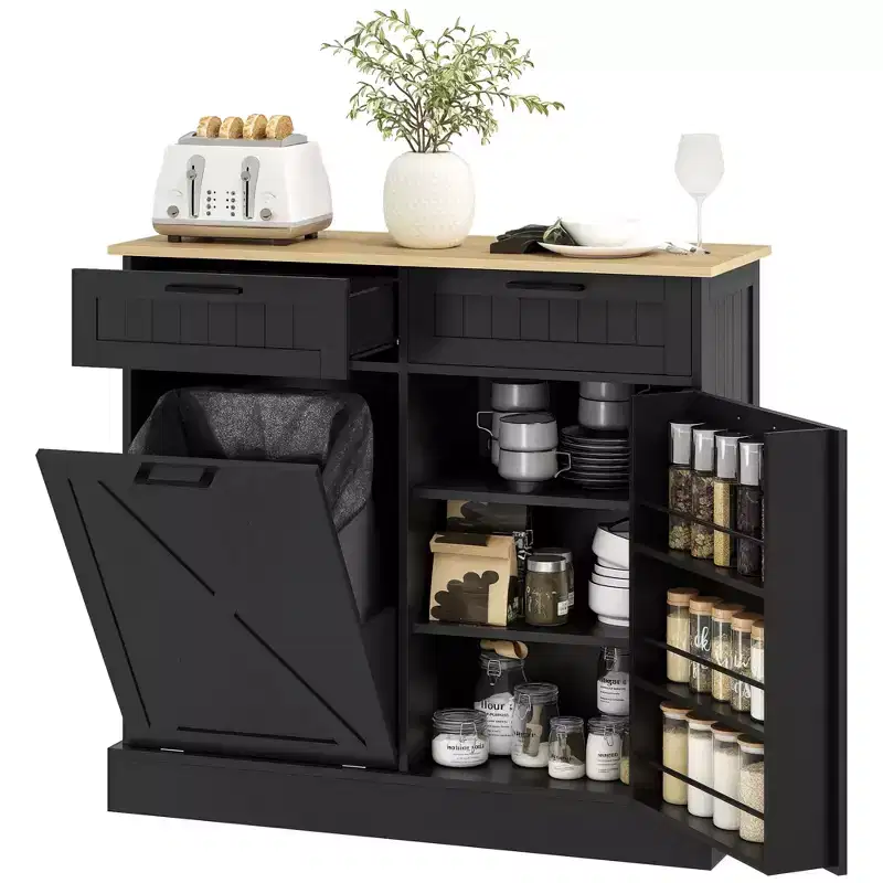 HOMCOM Tilt Out Trash Can Cabinet with Drawers, Farmhouse Kitchen Cabinet with Hidden Trash Can for Kitchen