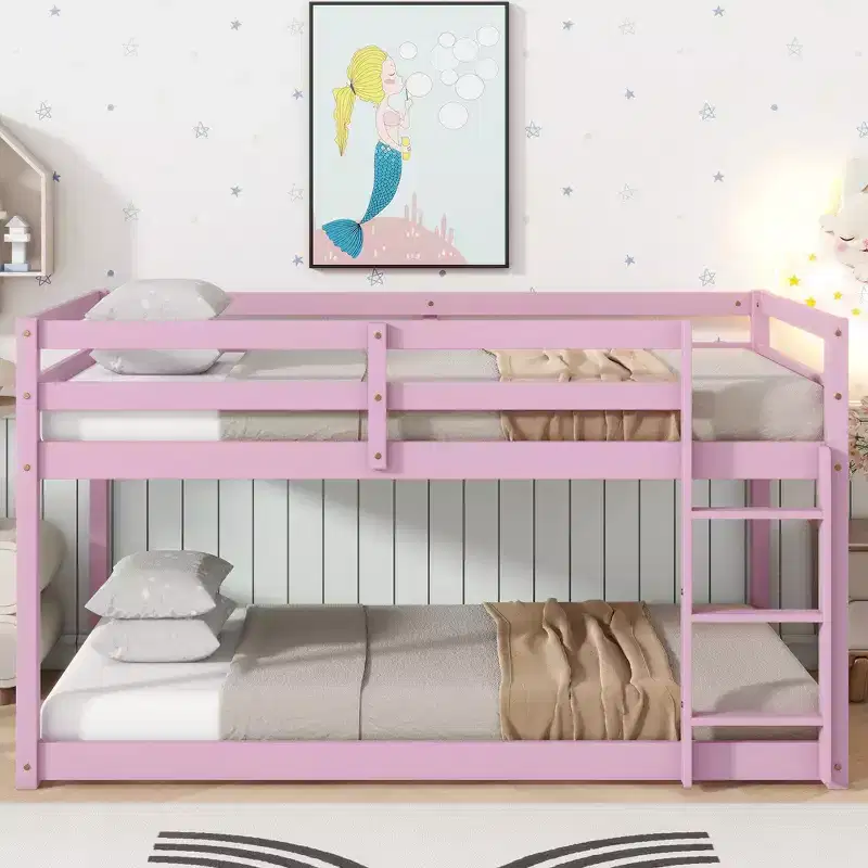 Twin Floor Bunk Bed with Ladder – Solid Wood, Pink