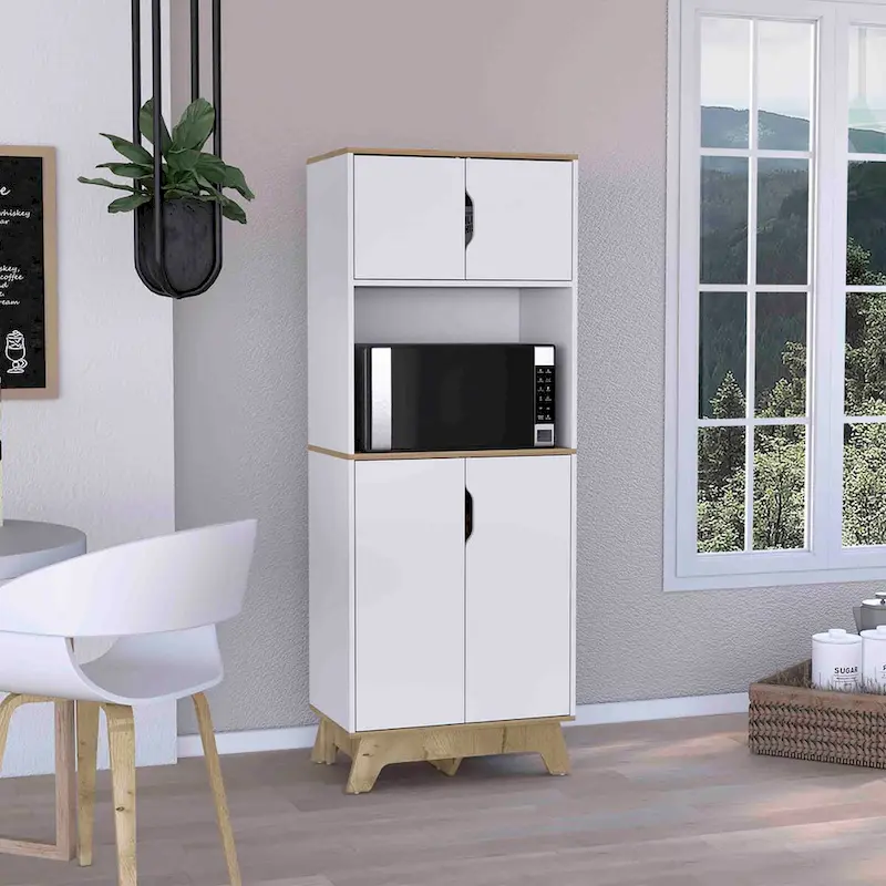 Microwave Tall Cabinet Counter Surface, Top And Lower Double Doors Cabinets -Light Oak / White