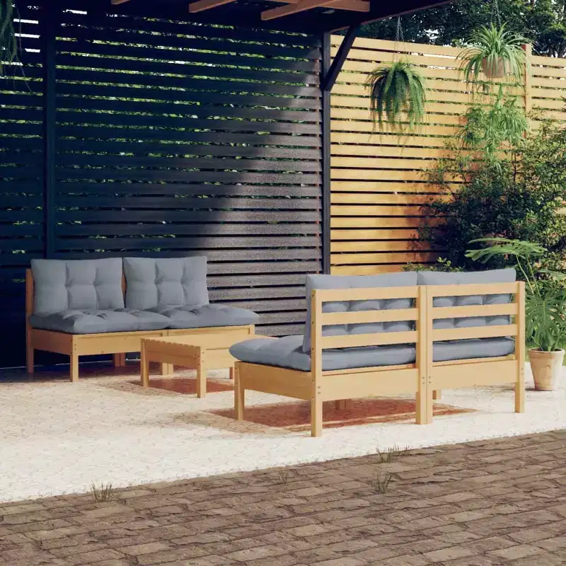 vidaXL 5 Piece Patio Lounge Set with Gray Cushions Pinewood - Brown and Gray