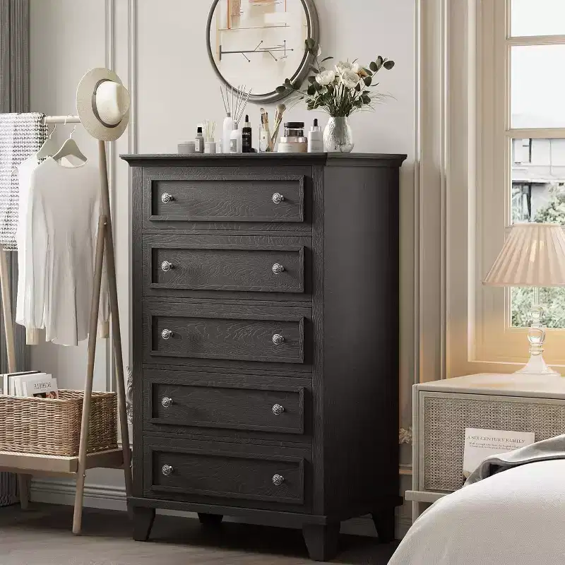 Vintage 5 Drawers Tall Dresser Cabinet, MDF Stable Anti-Tip Storage Chest with Metal Smooth Track for Bedroom Living Room