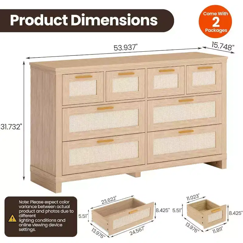 Acekool 8-Drawer Rattan Dresser, Boho Modern Chest with Woven Fronts & Storage Organizers for Bedroom, Hallway, Living Room - Natural