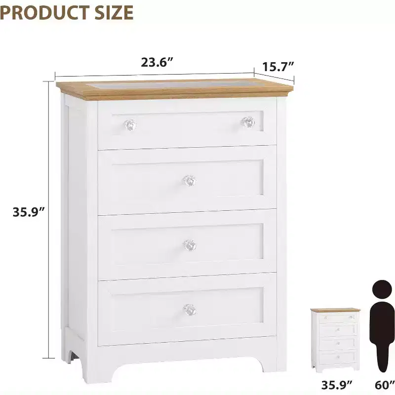 Acekool 4 Drawer Nightstand Cabinet with Glass Top, Modern Dresser for Bedroom, Living Room, Entryway