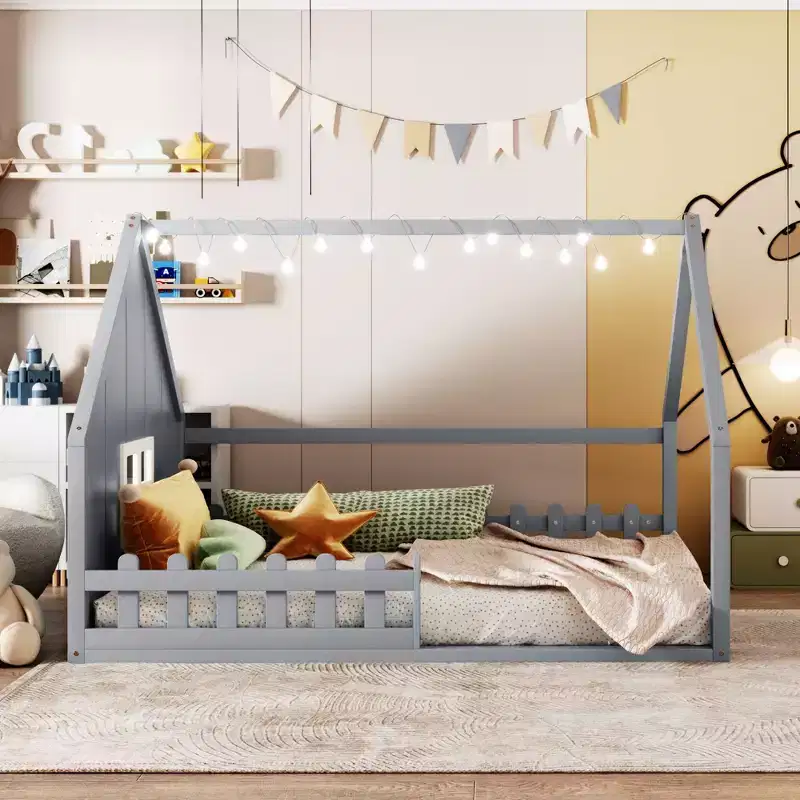 TUYOHW House Bed with LED Lights,Solid Pine Wood Montessori Floor Bed with Slats Support & Safety Guardrail,Full Size Kids Low Profile Bed
