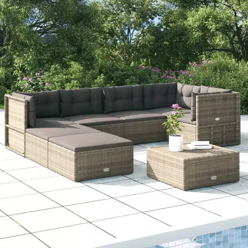 vidaXL - 7-Piece Patio Furniture Set - Gray Poly Rattan Sectional Sofa with Cushions - Modular Outdoor Seating - Adjustable Seats