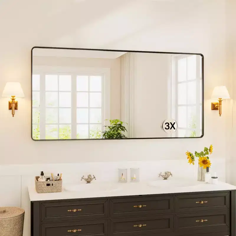 72 x 36 Black Metal Framed Bathroom Mirror Rounded Rectangle Vanity Mirror with 3X Magnifying Glass for Over Sink (Hangs Horizontally/Vertically