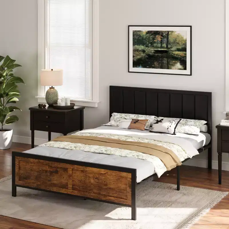 Metal Platform Bed Frame with Wooden Headboard and Rivet, 13 Heavy Duty Iron Slats Support, Large Under-Bed Storage