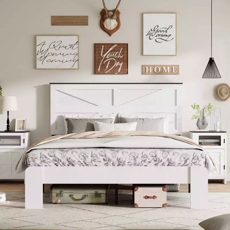 White Full Size Platform Bed Frame with Headboard, For 1 Person