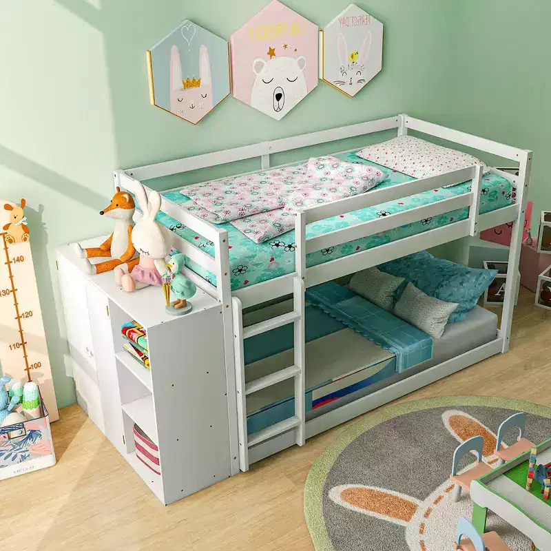 Twin Over Twin Bunk Bed Wood Frame Storage Shelves Ladder Guardrails Kids White