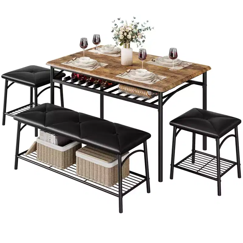 4 Piece Rectangular Kitchen Table Set, with 1 Upholstered Bench and 2 Square Stools