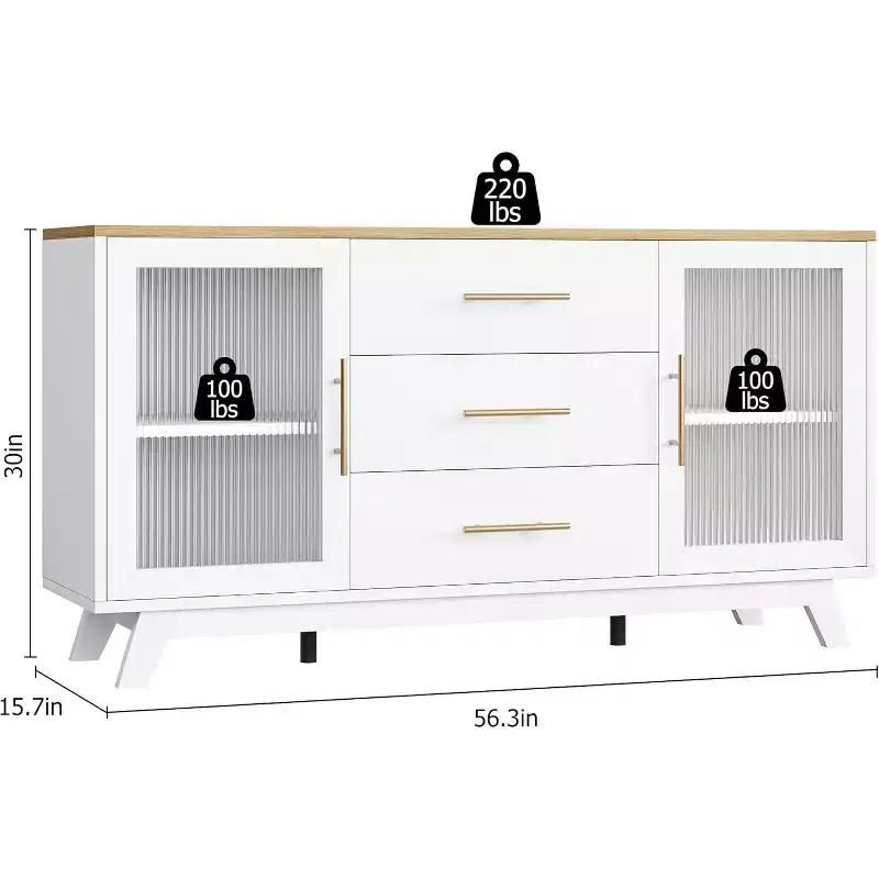 56 Buffet Cabinet with Storage, Sideboard Buffet Cabinet, Fluted Glass Doors & Gold Handles, Coffee Bar Table for Kitchen Dining Room Living Room