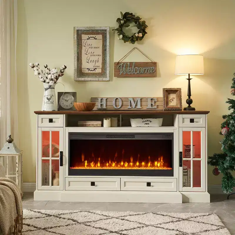 70 Fireplace TV Stand for 80 Inch TV, Farmhouse TV Stand w/Door & Drawers