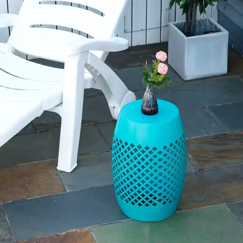 12.5 Steel Outdoor Side Table, Round Hollow Drum Patio End Table, Accent Table for Indoor and Outdoor