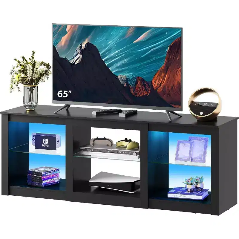 TV Stand with LED Lights for TVs up to 65 inch, Entertainment Center with Glass Shelves, Modern TV Console for Living Room, White