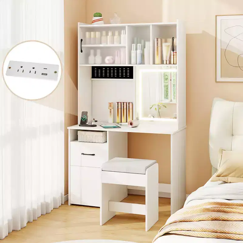 Costway 39.5'' Vanity Desk w/Mirror Lights Power Outlets Adjustable Brightness Shelves