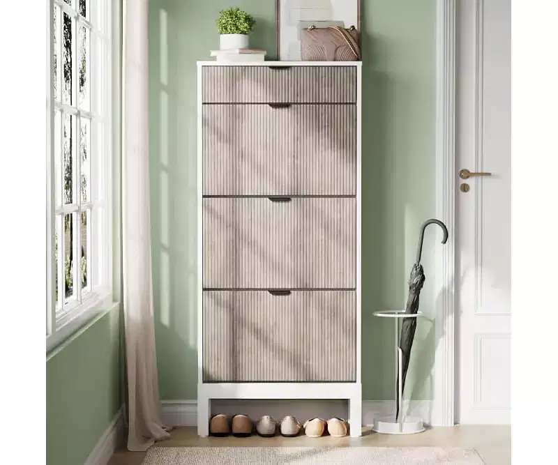 Garvee 3-Drawer Shoe Cabinet - Farmhouse Fluted Design w/Metal Legs, Slim Entryway Organizer for Foyer/Hallway, White+oak/Black+oak/White+grey