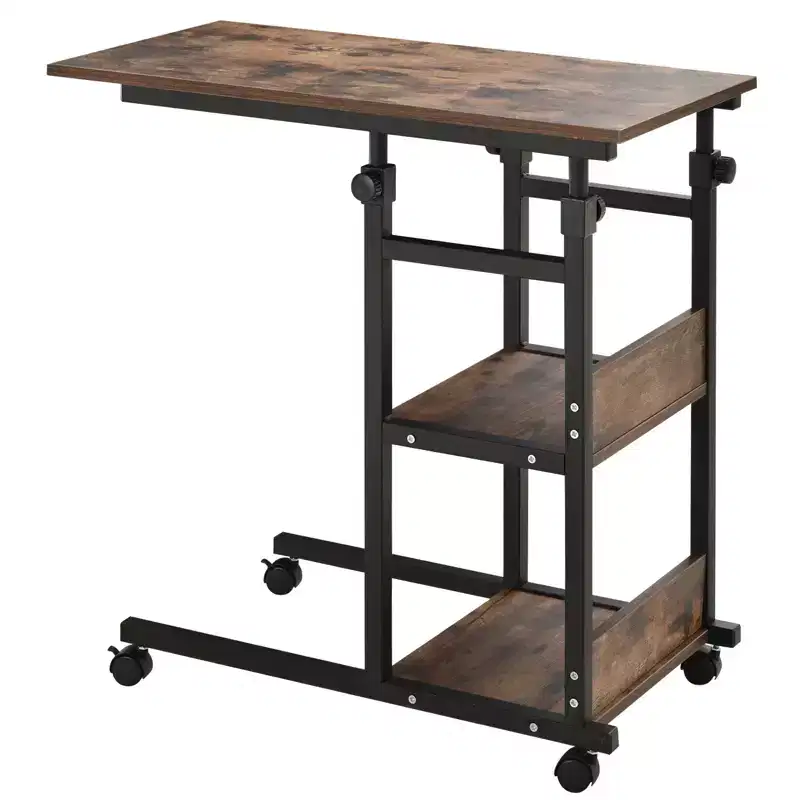 Industrial C-Shaped Mobile Rolling Sofa Side Table with 3-Tier Storage Shelving, Adjustable Height