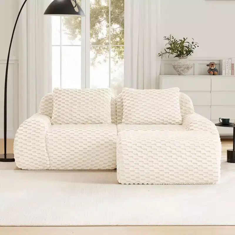 82 L-Shaped Modular Sofa Flannelette 2-Seater Ottoman Buckle No Assembly Cream