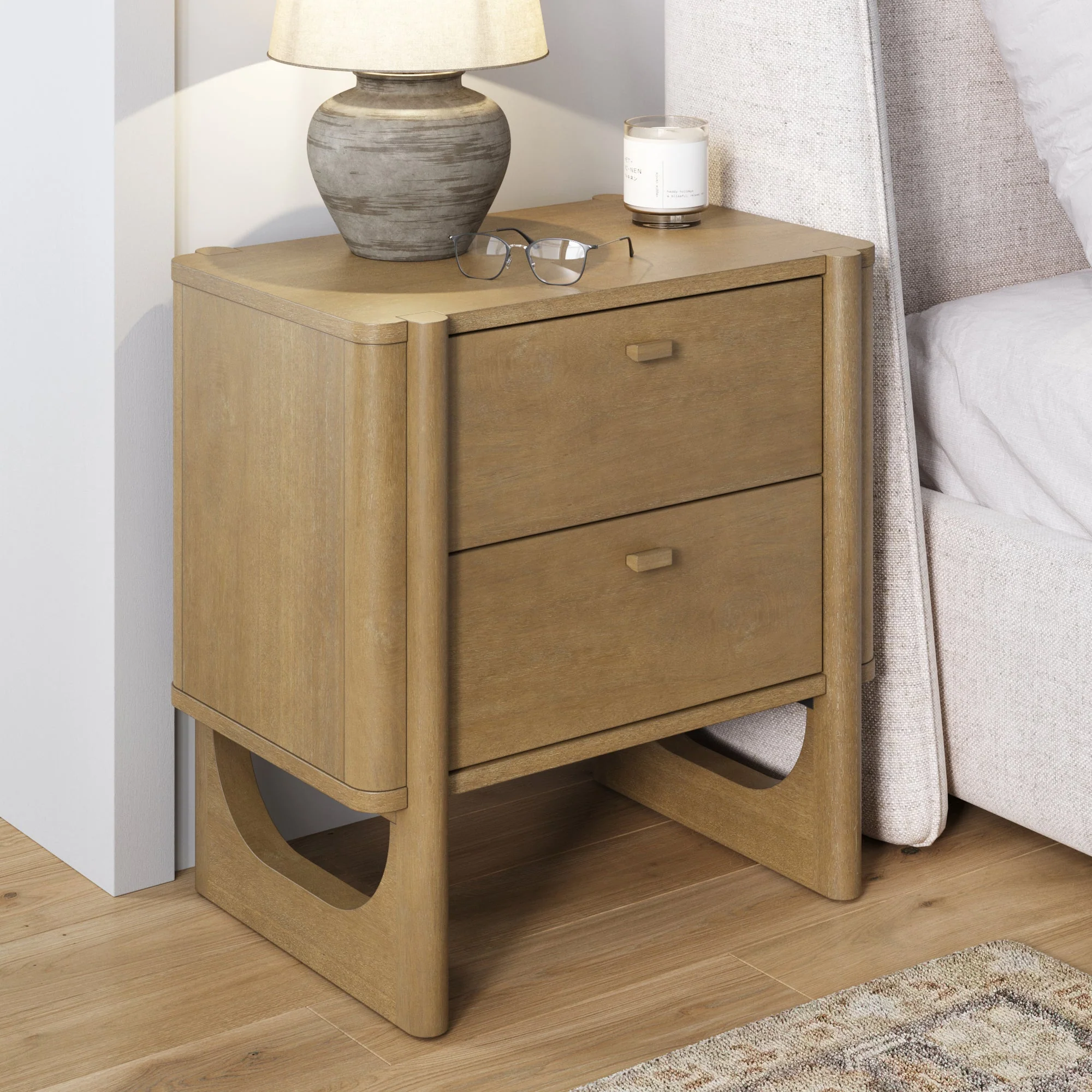 Mid Century Modern 2-Drawer Solid Wood Nightstand Light Brown