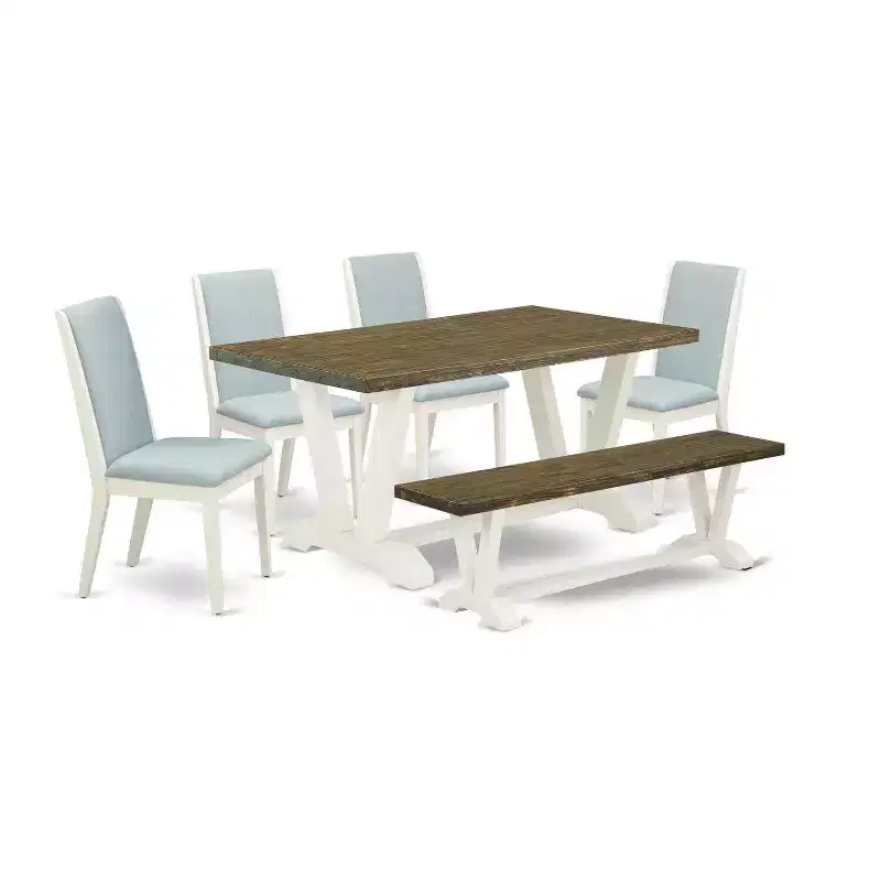 HomeStock 6-Piece Distressed Jacobean Finish Solid Wood Top dining Table with 1-Bench and 4-Chairs