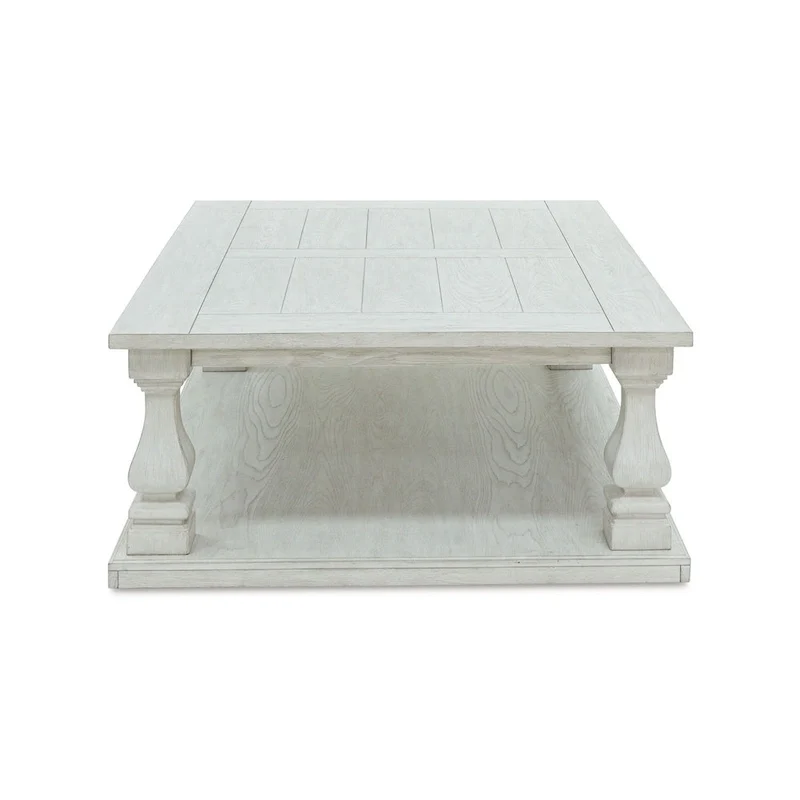 Dyne Cocktail Coffee Table, Plank Top, Balusters, 54 Inch White Wood
